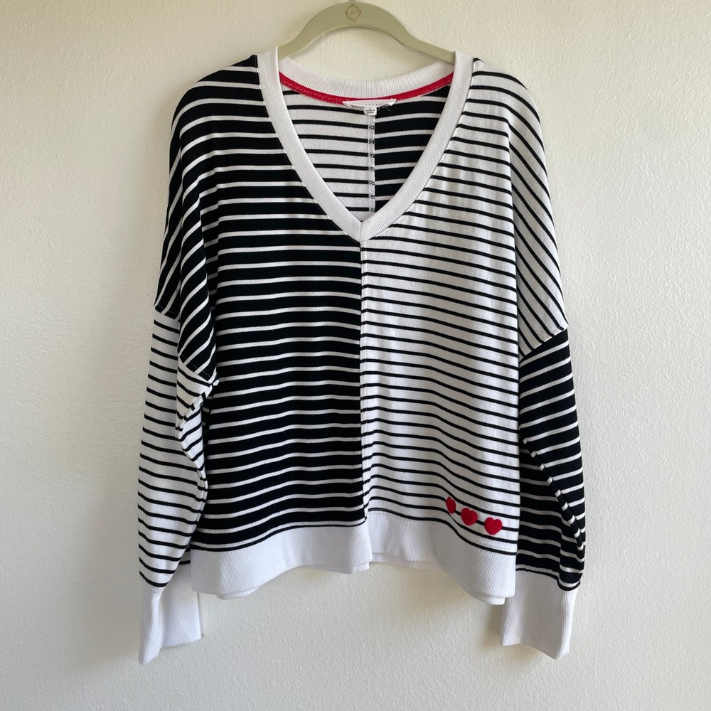 Jane + Delancey Sweater Women L Black White Striped Hearts V-Neck Long Sleeve
